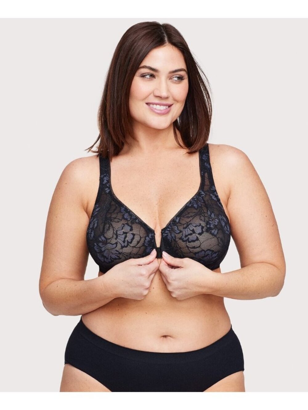 Glamorise Front Closure Lacey T Back WonderWire Bra Sheer Mesh Lace Sexy 40G